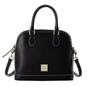 Black Dooney & Bourke Saffiano Leather Satchel featuring two top handles, a detachable shoulder strap, gold-tone hardware, and a central logo plaque, with contrast stitching.