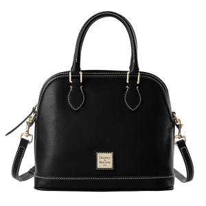 Black Dooney & Bourke Saffiano Leather Satchel featuring two top handles, a detachable shoulder strap, gold-tone hardware, and a central logo plaque, with contrast stitching.