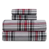 A set of plaid-patterned bedding sheets in gray, black, and red tones, neatly stacked.
