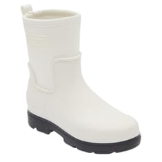 White mid-calf rain boots with a round toe design, embossed logo on the shaft, and contrasting black sole.
