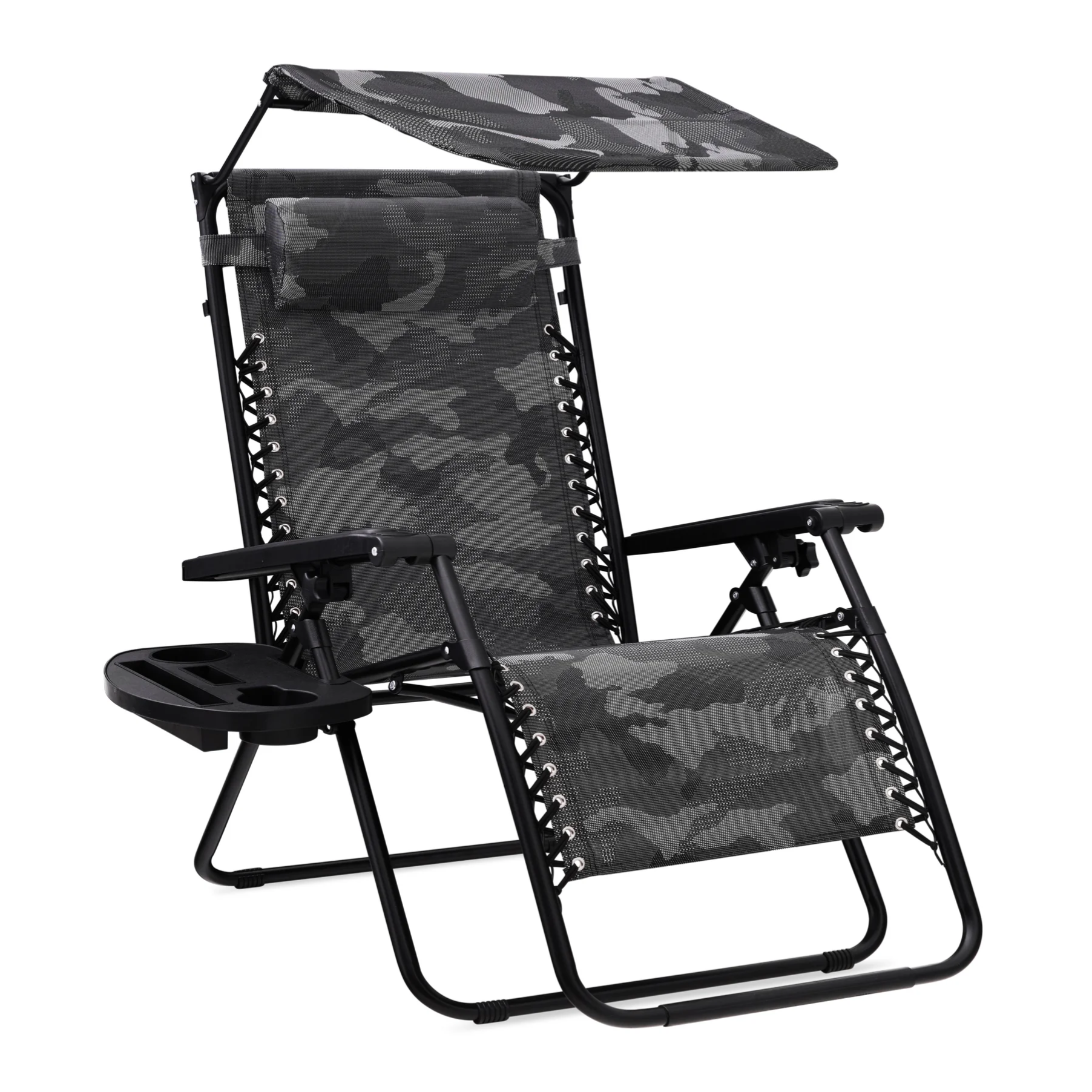 Camouflage-patterned reclining outdoor chair with adjustable canopy, padded headrest, and a side tray for cups and accessories.