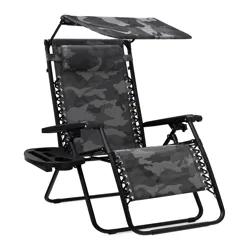 Camouflage-patterned reclining outdoor chair with adjustable canopy, padded headrest, and a side tray for cups and accessories.