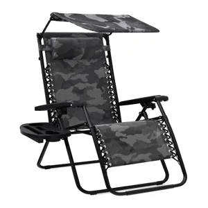 Camouflage-patterned reclining outdoor chair with adjustable canopy, padded headrest, and a side tray for cups and accessories.