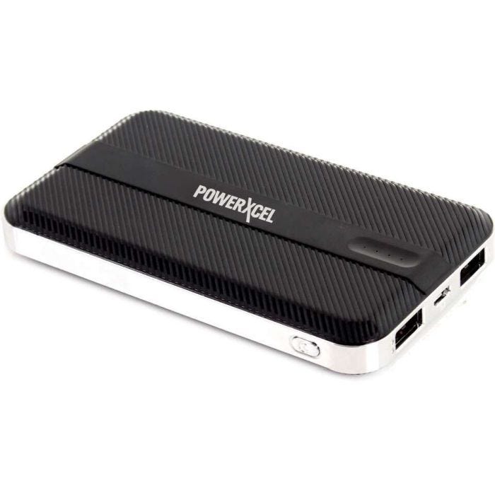 A black PowerXcel portable power bank with two USB ports and an indicator light.