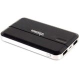A black PowerXcel portable power bank with two USB ports and an indicator light.