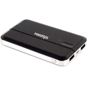 A black PowerXcel portable power bank with two USB ports and an indicator light.