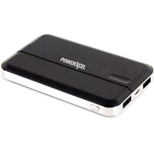 A black PowerXcel portable power bank with two USB ports and an indicator light.
