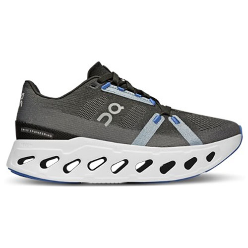 Black running shoe with a white sole featuring cut-out designs and blue accents.