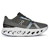 Black running shoe with a white sole featuring cut-out designs and blue accents.