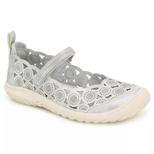 A light gray Mary Jane shoe with a scalloped edge and circular cutout design, featuring a strap across the top and a textured beige sole.