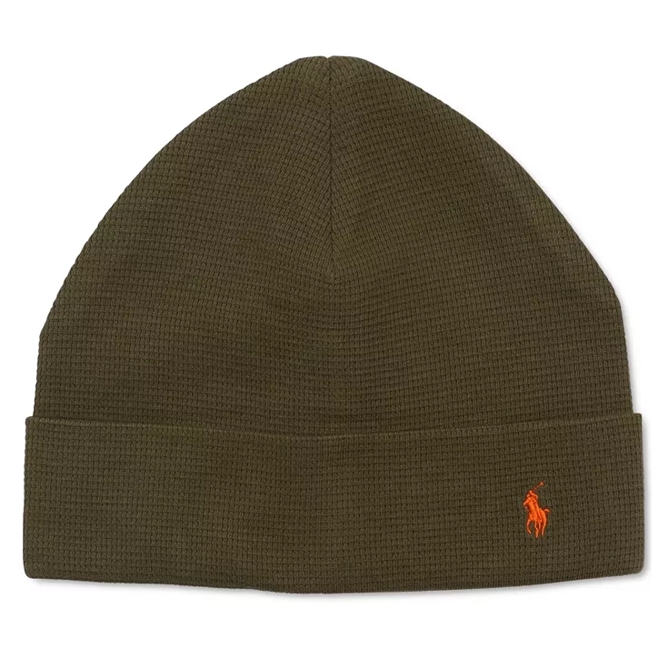 Olive green thermal beanie featuring a subtle waffle knit pattern with an orange embroidered logo of a horse and rider on the folded brim.