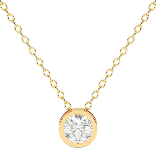 A gold chain necklace featuring a round bezel-set diamond pendant.