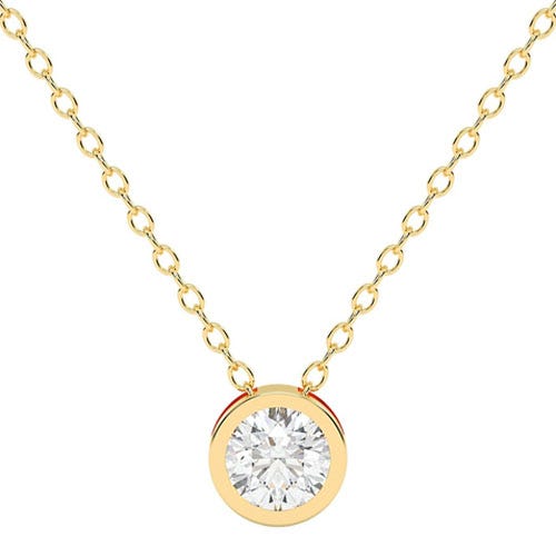 A gold chain necklace featuring a round bezel-set diamond pendant.