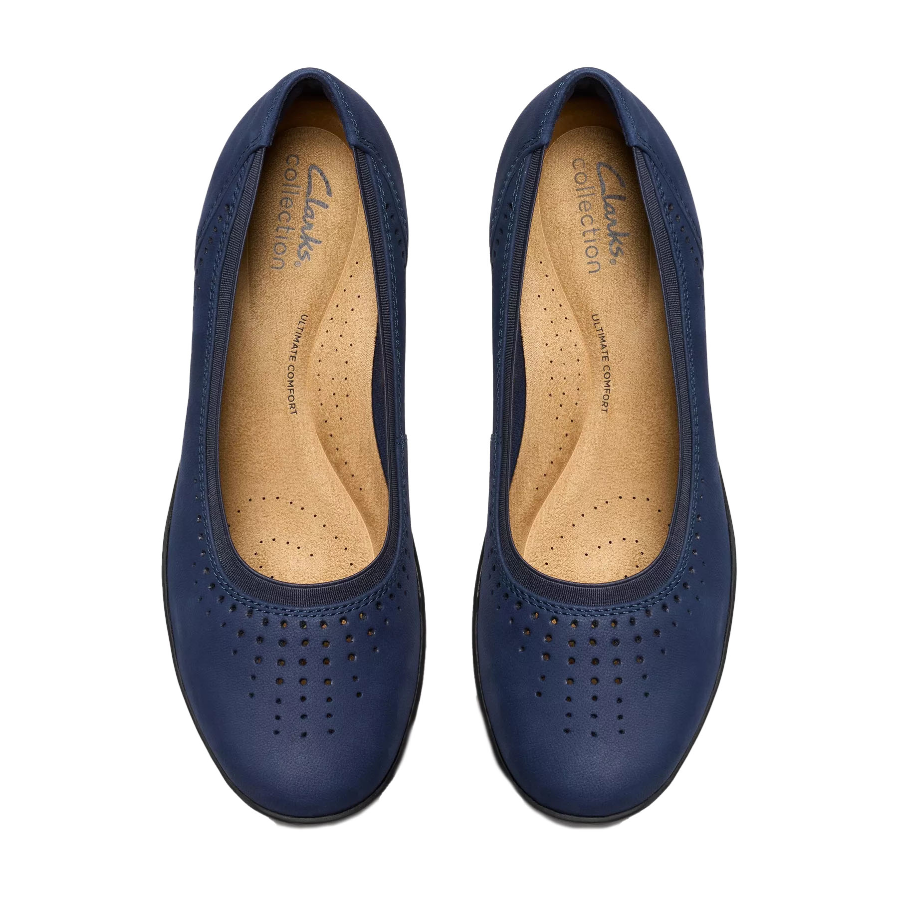 Blue Clarks Collection flats with perforated designs, featuring a cushioned insole labeled \“Ultimate Comfort.\“