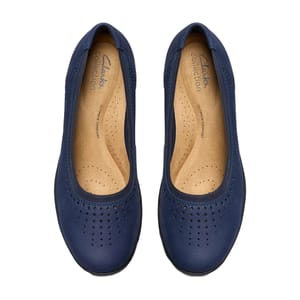 Blue Clarks Collection flats with perforated designs, featuring a cushioned insole labeled \“Ultimate Comfort.\“