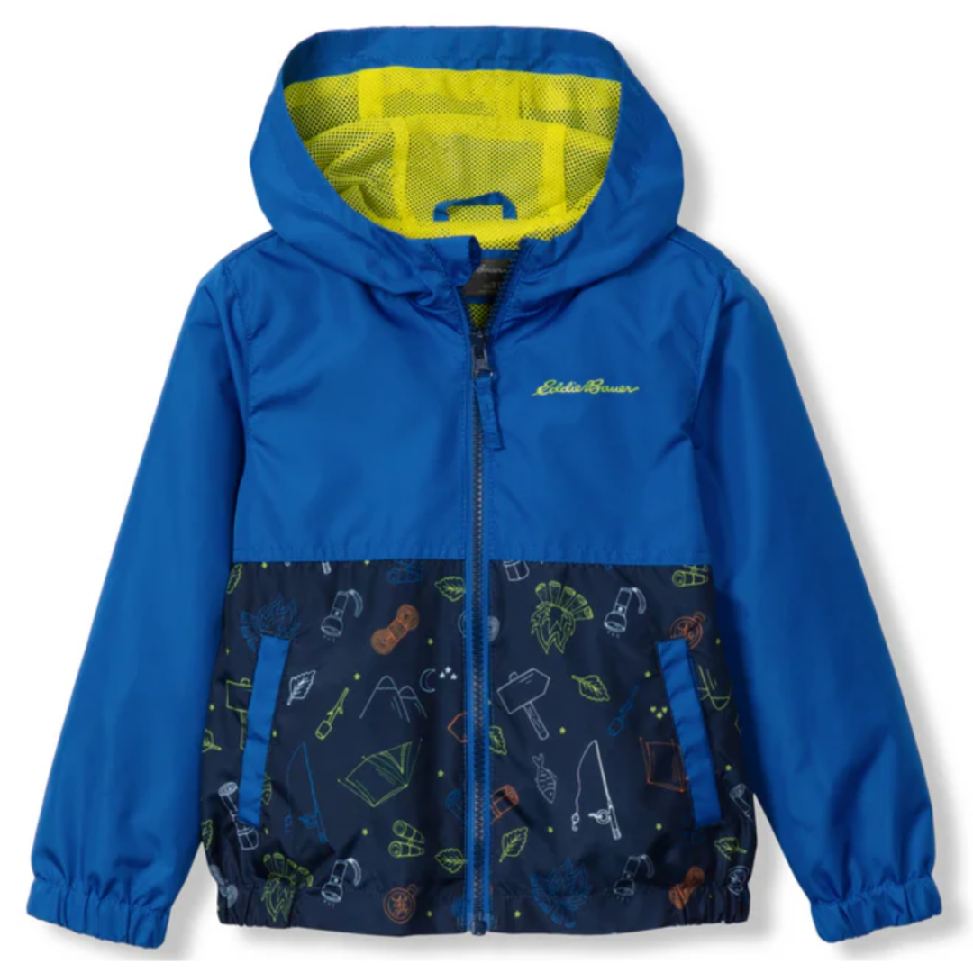 Eddie Bauer toddler rain jacket in bright blue with a contrasting yellow mesh hood lining; features a front zipper, elastic cuffs, and a dark blue panel with colorful, outdoor-themed patterns including tents, leaves, and lanterns.
