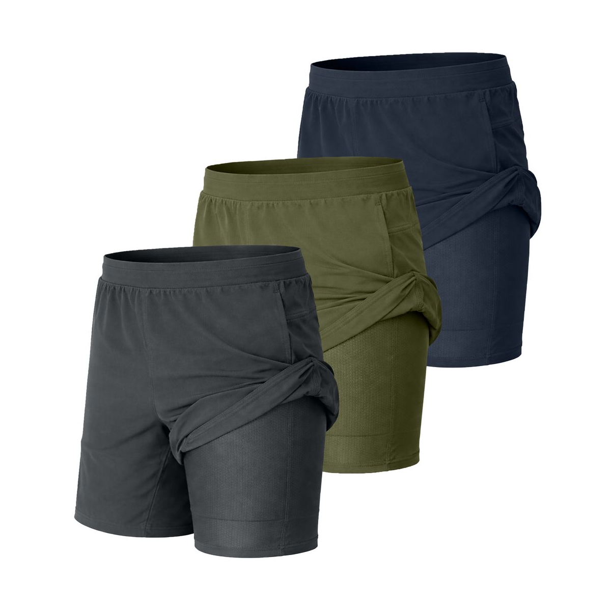 Three pairs of athletic shorts in black, olive, and navy colors are shown, each featuring a built-in compression layer underneath.