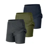 Three pairs of athletic shorts in black, olive, and navy colors are shown, each featuring a built-in compression layer underneath.
