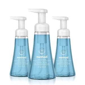 3-pack of Method Foaming Hand Wash in \“Sea Minerals\“ scent; clear blue bottles with white pumps, each containing 300 mL (10 fl oz) of plant-based cleanser.
