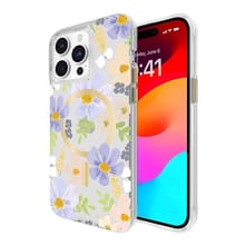 A clear smartphone case with a floral design covering the back of a phone displaying a colorful screen.