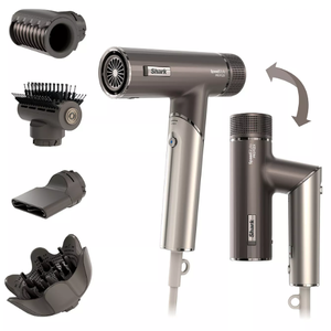 A foldable hair dryer with multiple attachments: a concentrator nozzle, a diffuser, a brush attachment, and a round volumizing head.