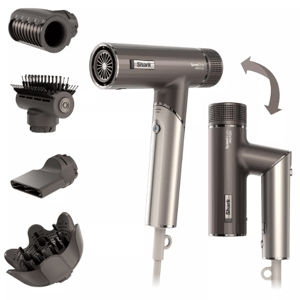 A foldable hair dryer with multiple attachments: a concentrator nozzle, a diffuser, a brush attachment, and a round volumizing head.