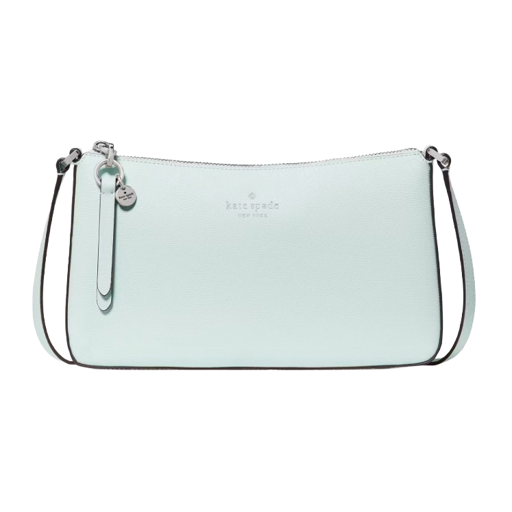 A light blue Kate Spade handbag with a sleek design, featuring a shoulder strap and a minimalist logo in the center.