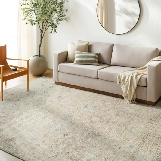 A light beige sofa with cushions and a throw blanket is positioned on a patterned area rug. A wooden chair and a large potted plant adorn the minimalist living space, which features a round wall mirror.
