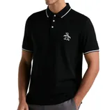 A black polo shirt with white trim on the collar and sleeves, featuring a penguin logo on the chest.