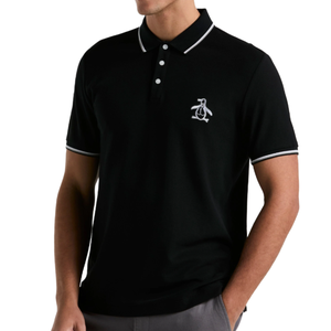 A black polo shirt with white trim on the collar and sleeves, featuring a penguin logo on the chest.
