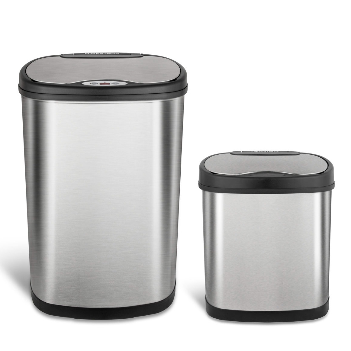 Two stainless steel trash cans with black lids, featuring a sleek, modern design. The larger bin is on the left, and the smaller bin is on the right.