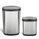 Two stainless steel trash cans with black lids, featuring a sleek, modern design. The larger bin is on the left, and the smaller bin is on the right.