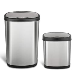 Two stainless steel trash cans with black lids, featuring a sleek, modern design. The larger bin is on the left, and the smaller bin is on the right.