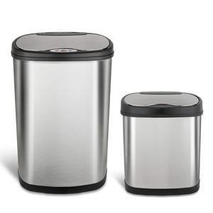 Two stainless steel trash cans with black lids, featuring a sleek, modern design. The larger bin is on the left, and the smaller bin is on the right.