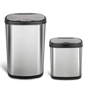 Two stainless steel trash cans with black lids, featuring a sleek, modern design. The larger bin is on the left, and the smaller bin is on the right.