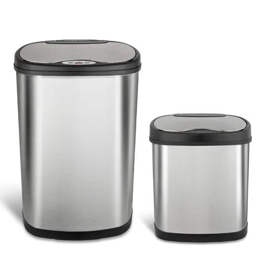 Two stainless steel trash cans with black lids, featuring a sleek, modern design. The larger bin is on the left, and the smaller bin is on the right.