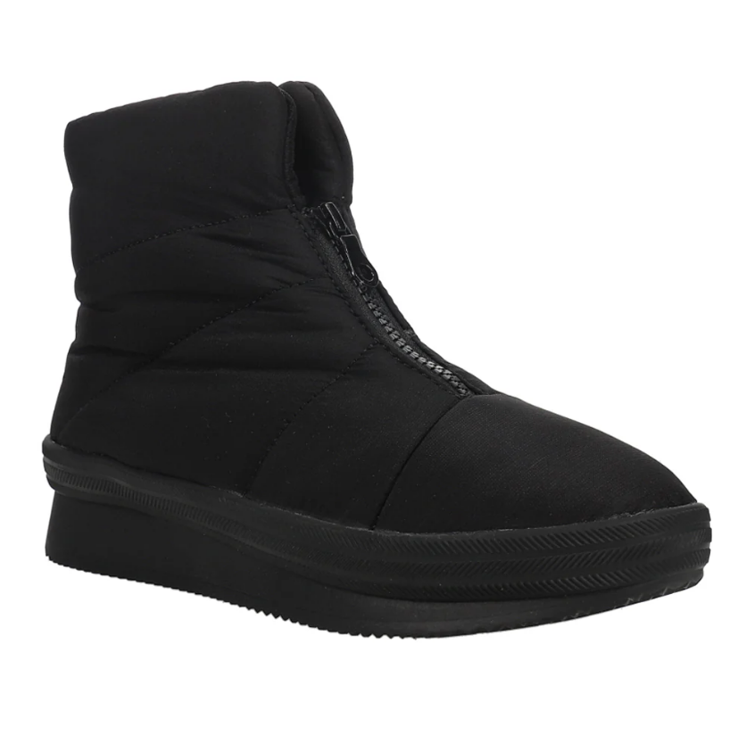 Black padded winter boot with a zipper closure and wedge sole, designed for warmth and comfort.
