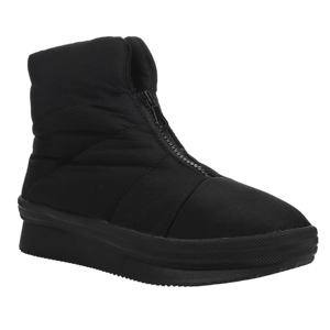 Black padded winter boot with a zipper closure and wedge sole, designed for warmth and comfort.