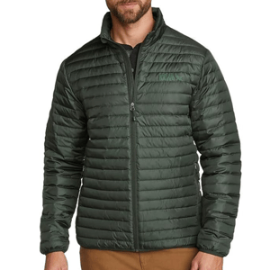A dark green quilted jacket with a zip-up front and a logo on the chest, worn over a black shirt.