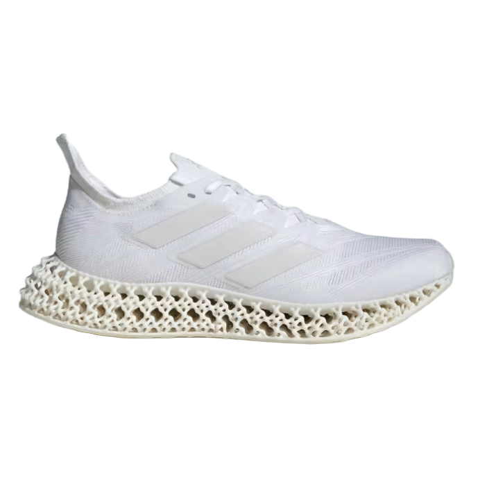 The Adidas 4DFWD Running Shoes feature a white mesh upper with three stripes and a 3D-printed lattice midsole designed for improved cushioning and support.