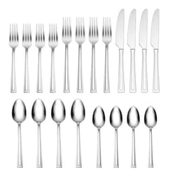 A 16-piece silverware set includes four forks, four knives, four table spoons, and four teaspoons, all in a simple, streamlined design.