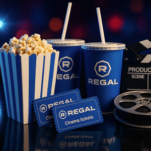 Popcorn and two drinks in blue Regal cups, two cinema tickets with \“Regal\“ branding, a film reel, and a clapperboard are displayed against a blurred, colorful background.