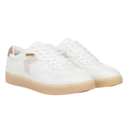 A pair of white sneakers with a gum sole, featuring perforated detailing and a subtle design accent on the side.