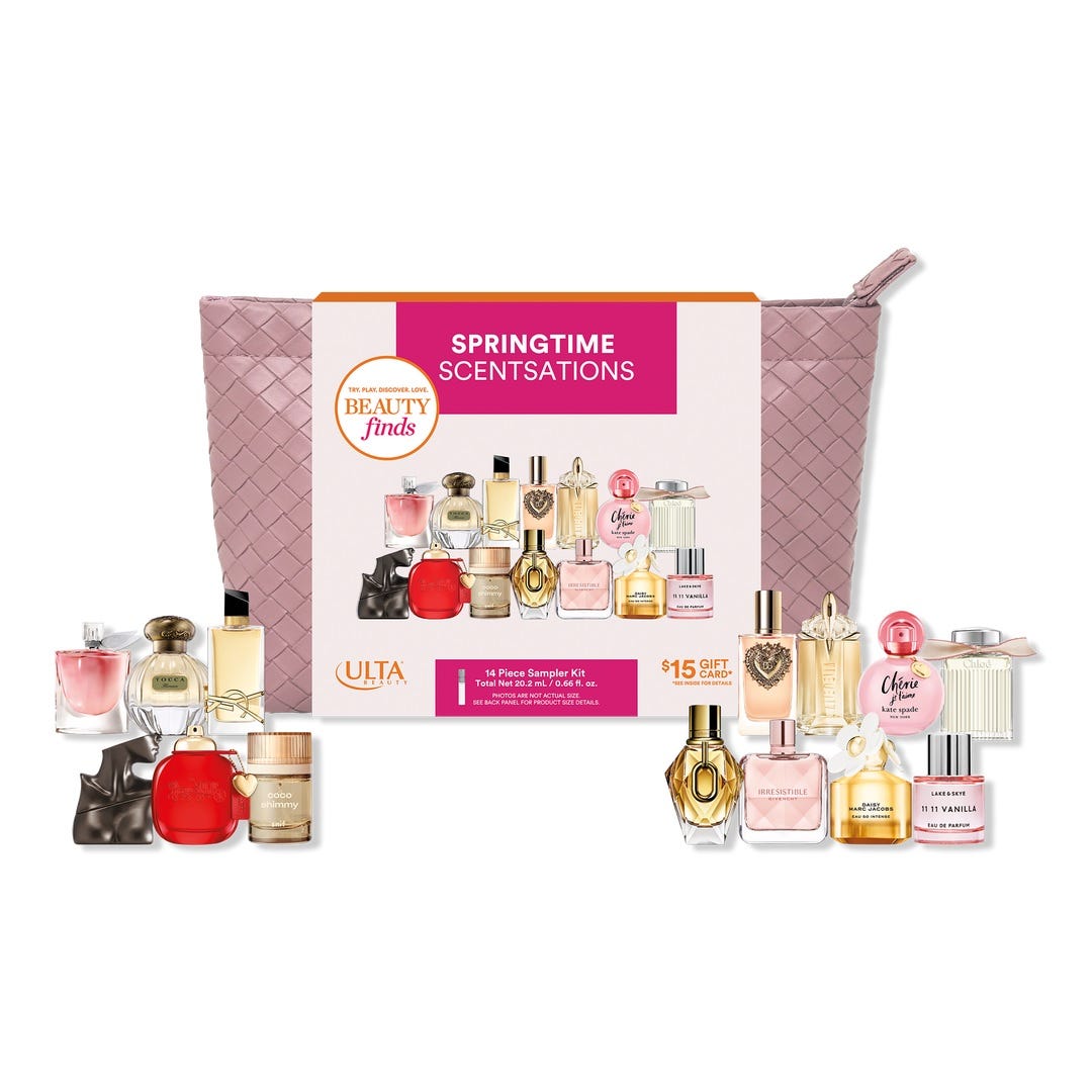 Springtime Scentsations offers a 14-piece fragrance sampler kit featuring various perfume vials, accompanied by a $15 gift card, all packaged in a pink woven bag.
