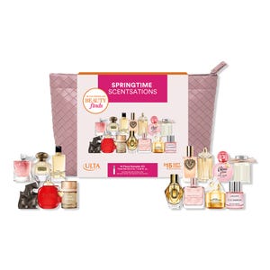 Springtime Scentsations offers a 14-piece fragrance sampler kit featuring various perfume vials, accompanied by a $15 gift card, all packaged in a pink woven bag.