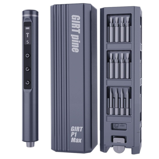 An electric precision screwdriver set with multiple bits, a digital display, and a storage case labeled \“GIRT pine\“ and \“GIRT P1 Max.\“