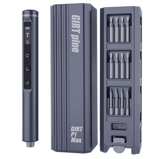 An electric precision screwdriver set with multiple bits, a digital display, and a storage case labeled \“GIRT pine\“ and \“GIRT P1 Max.\“