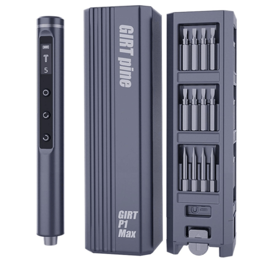 An electric precision screwdriver set with multiple bits, a digital display, and a storage case labeled \“GIRT pine\“ and \“GIRT P1 Max.\“