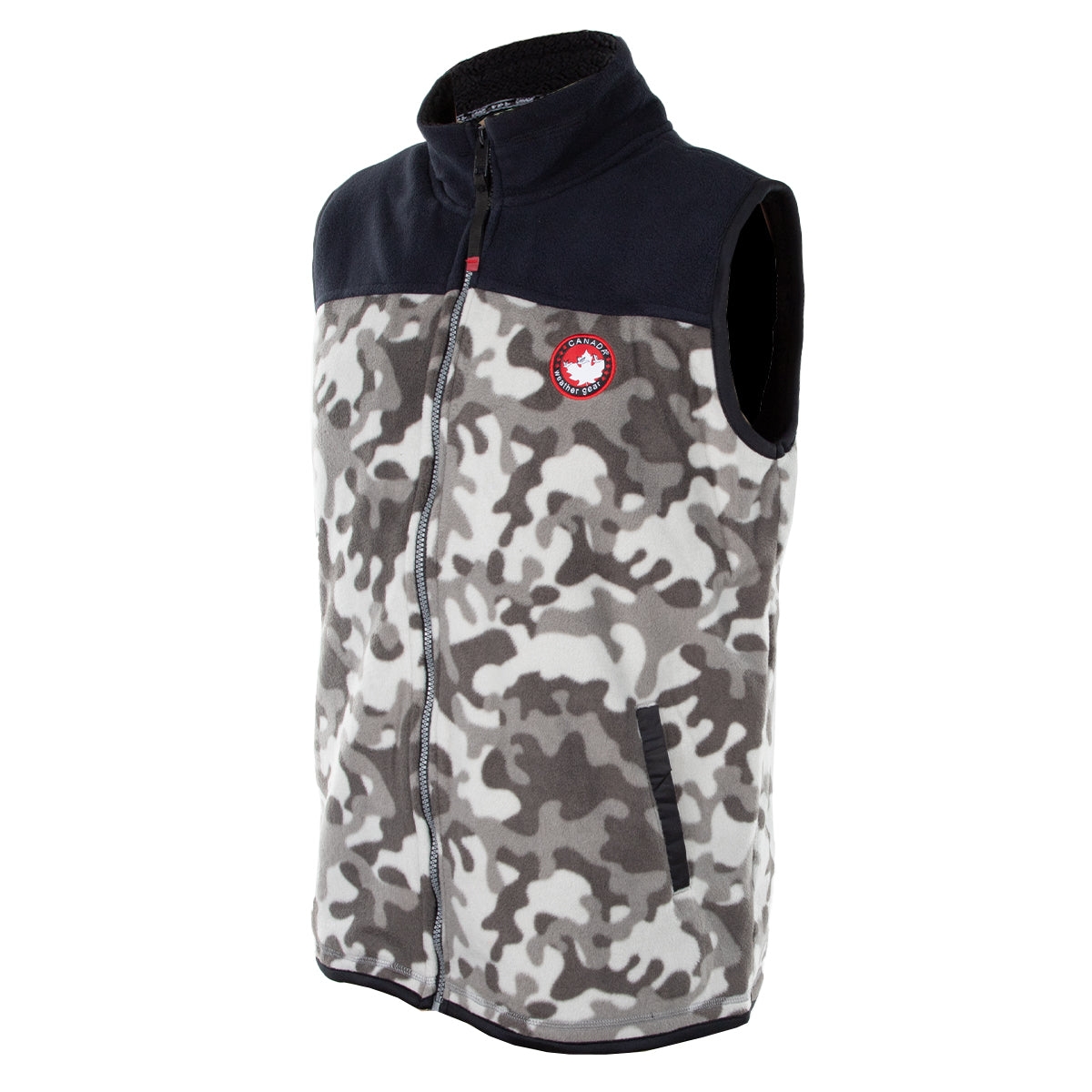 This is a sleeveless, camouflage-patterned sherpa vest with a navy blue collar, a front zipper, and a logo on the chest. There are also zippered pockets on the sides.