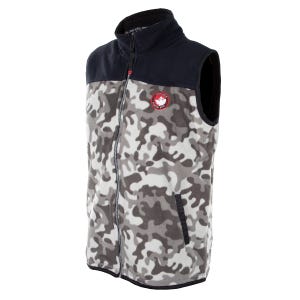 This is a sleeveless, camouflage-patterned sherpa vest with a navy blue collar, a front zipper, and a logo on the chest. There are also zippered pockets on the sides.